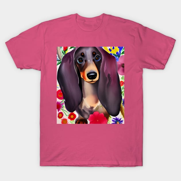 Dachshund Dog Puppy Whimsical Portrait Hiding in Wildflowers Secret Garden Digital Art Watercolor Painting T-Shirt by joannejgg